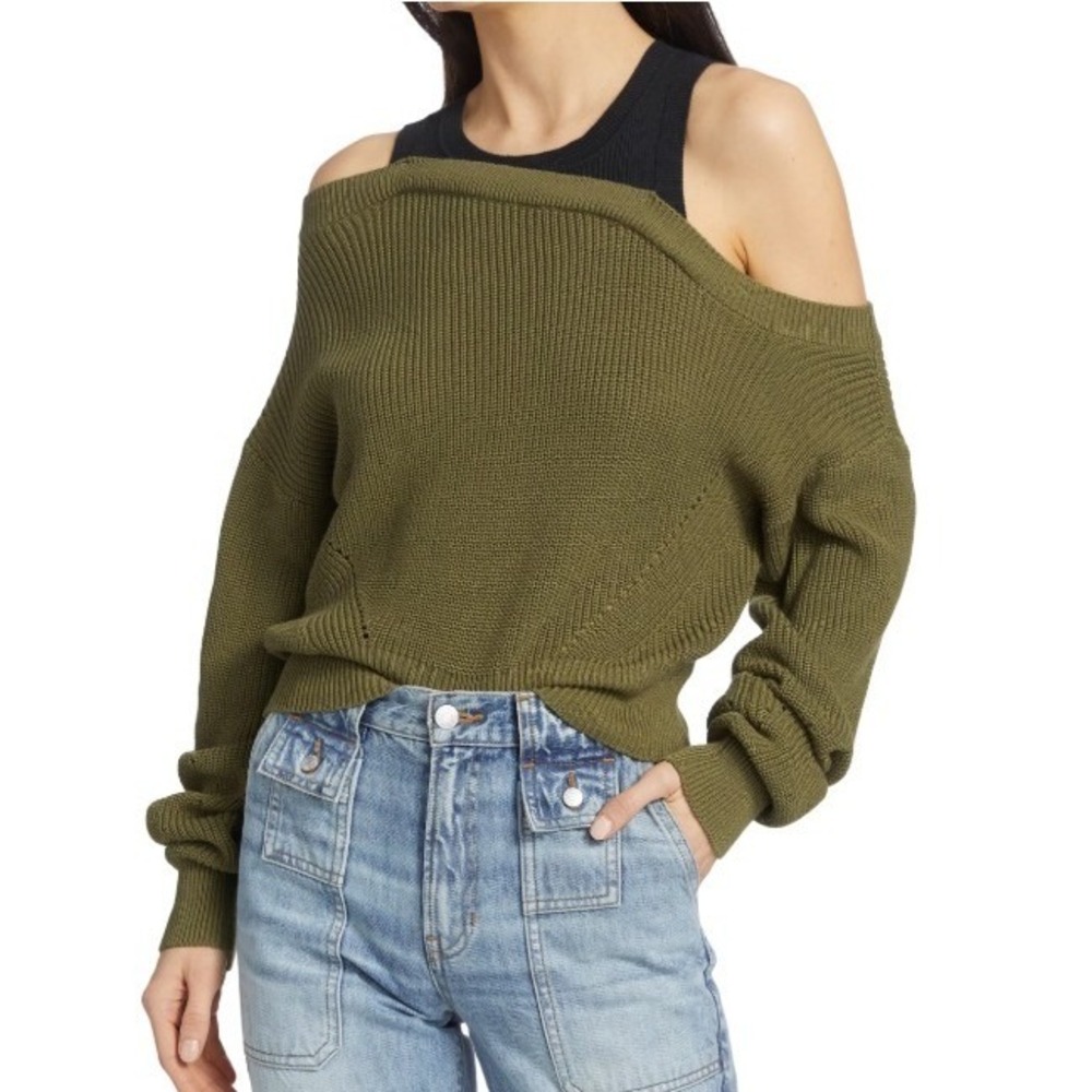 VERONICA BEARD Ribbed Cold‎ Shoulder Sweater Knit Top Olive Green M